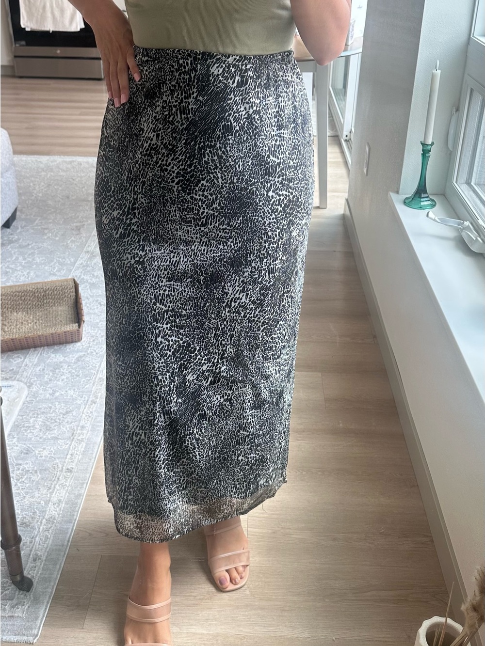 Kathie Lee Collection Black and White Animal-Print Midi Skirt
